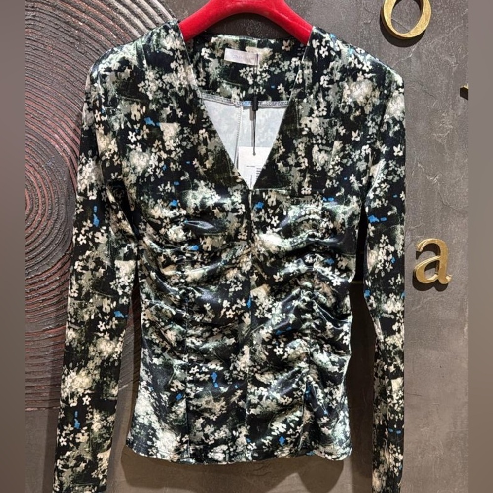 2nd day green Floral Ruched Long Sleeve blouse v-neck formal